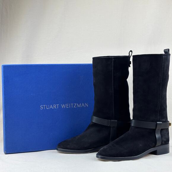 Stuart Weitzman Casey Black Suede Leather Mid-Calf Block Heel Boots Size 7.5M - Picture 1 of 13